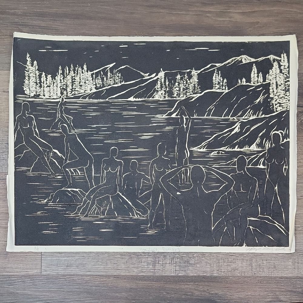 Black and White Relief Print Titled Moonlight Bathers Signed By the Artist